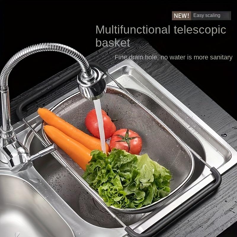 1pc Adjustable Stainless Steel Sink Colander - Multifunctional Vegetable and Fruit Washing Basket with Drain Rack Strainer