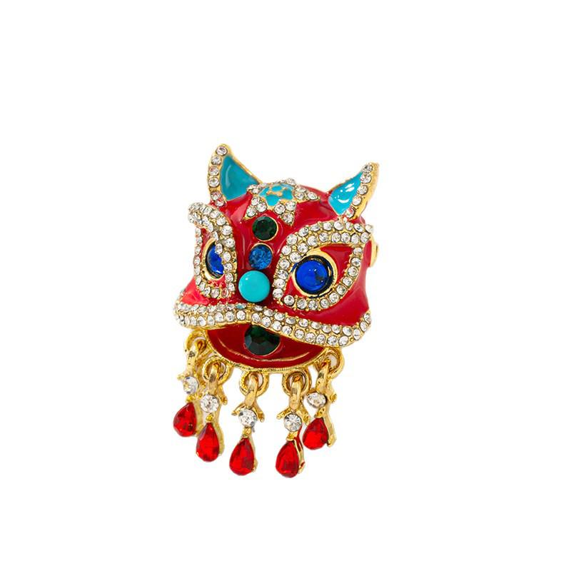 Chinese Style Red Lion Dance Brooch - Women's Luxury Festive Accessory
