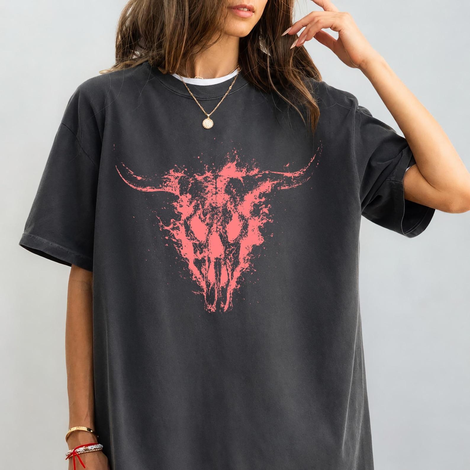 Boho Cow Skull Shirt, Western Bull Skull Tee, Vintage Rodeo Graphic Shirt, Cowgirl Country Tee, Southern Desert Comfort Colors Tee M