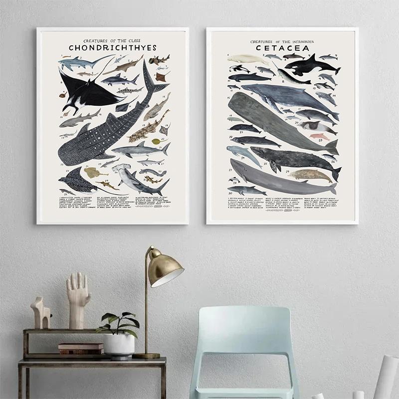 Abstract Marine Organisms Jellyfish Whale Squid Fishes Posters Canvas Painting and Prints Wall Art Picture for Room Home Decor