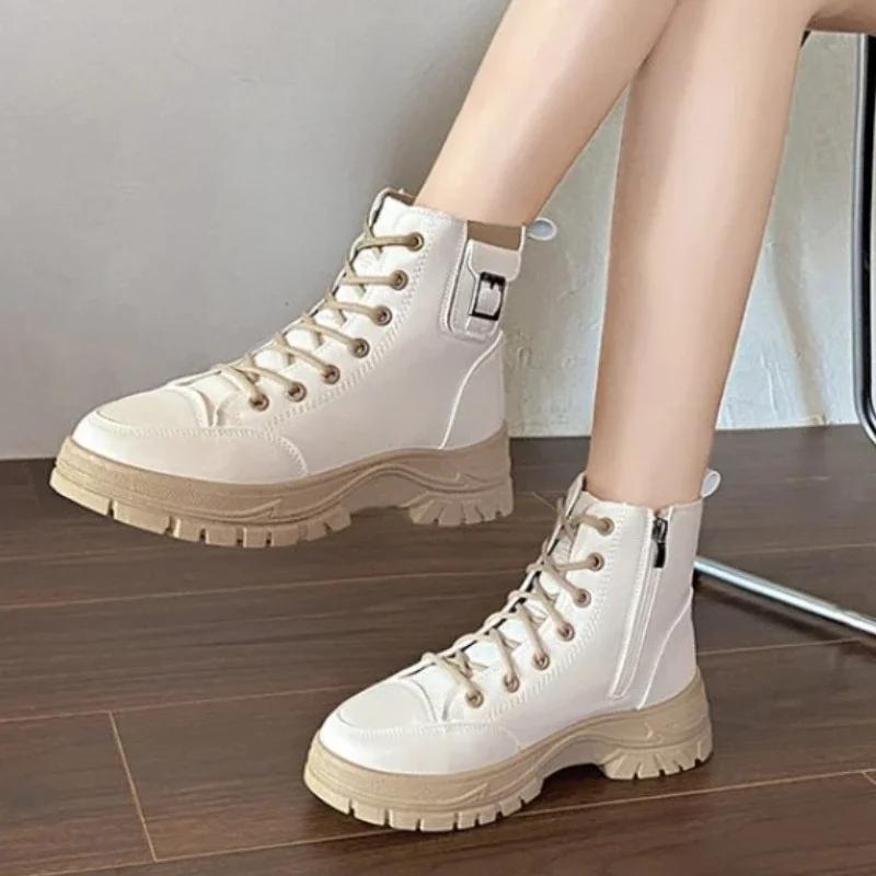 36-41 Women's Shoes Genuine Leather Ankle Boots Plush Outdoor Fashion Casual Platform Ladies Shoes for Women Autumn