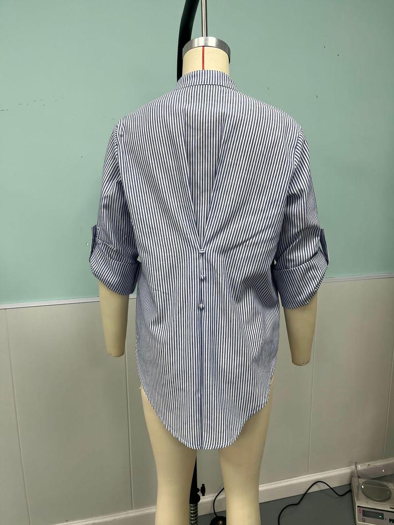 In Stock 2025 V-neck Casual Striped Long-Sleeved Shirt for Spring and Autumn in Europe and America Style