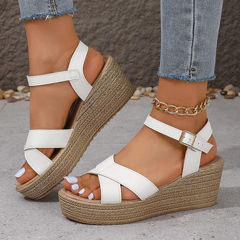 Summer Women's White Platform Sandals Buckle Strap Wedge Sandals Woman Lightweight High Heeled Beach Shoes Sandalias Mujer