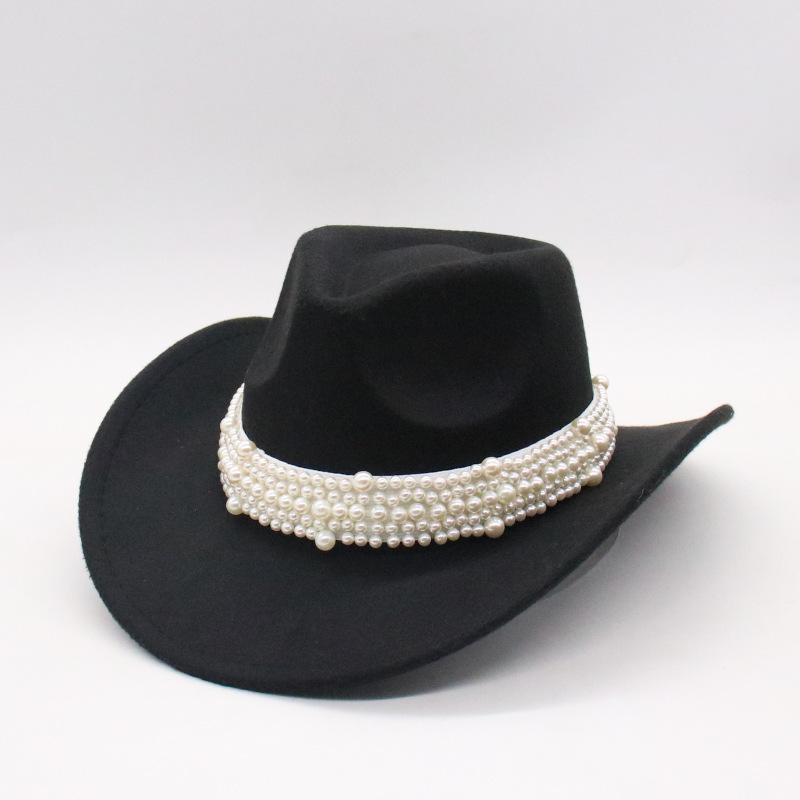 Premium Western Cowboy Hat British Elegant Jazz Hat Pearl Top Hat Big Eaves Hat Women'S Wool Hat