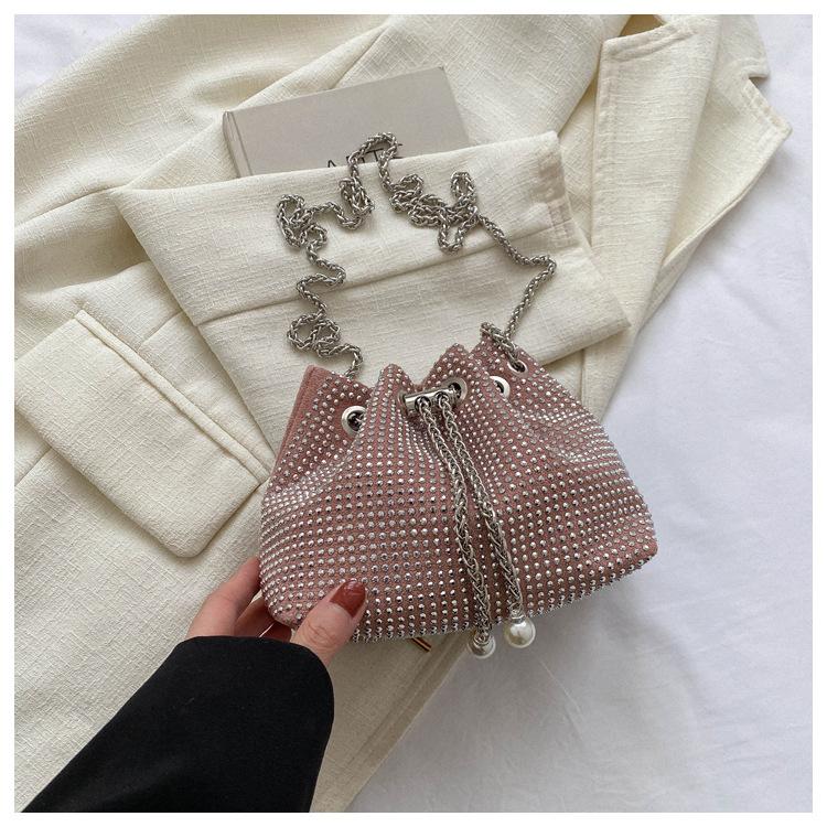 Rhinestone Embellished Drawstring Bucket Bag Women Chain Crossbody Shoulder Bag