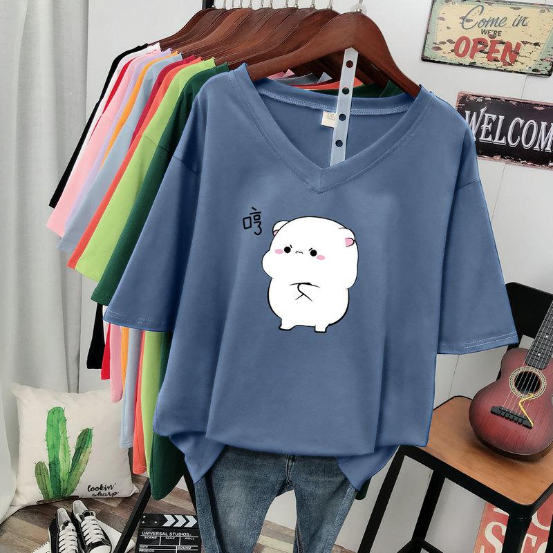 

Футболка с коротким рукавом, Свободного кроя, Приталенный топ с V-образным вырезом с принтом для женщин 5XL королевский синий