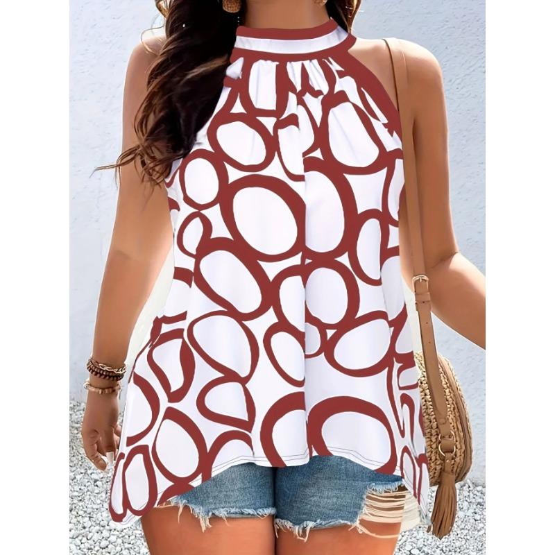 Women's Summer Geometric Halter Sleeveless Crew Neck T-shirt Top