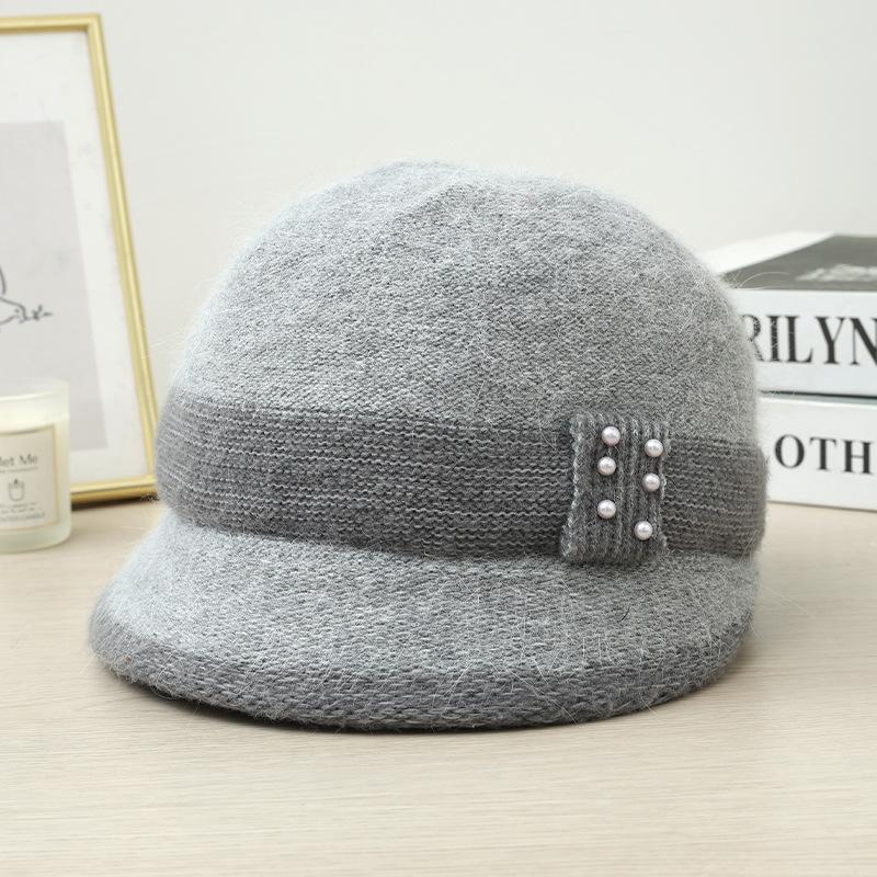 Autumn and Winter Middle Aged and Elderly Hats for Women  Pearl Ribbon and Velvet Rabbit Hair Equestrian Hat  Cold Proof and Warm Knitted Scarf Set