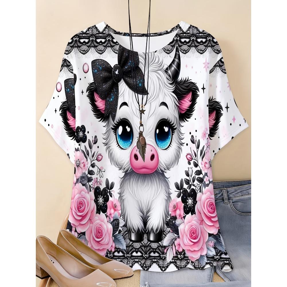 Plus Size Casual Crew Neck Short Sleeve Cat Animal Print T-Shirt - Soft Stretch Polyester Fabric Spring and Summer Womens Relaxed Fit Clothing