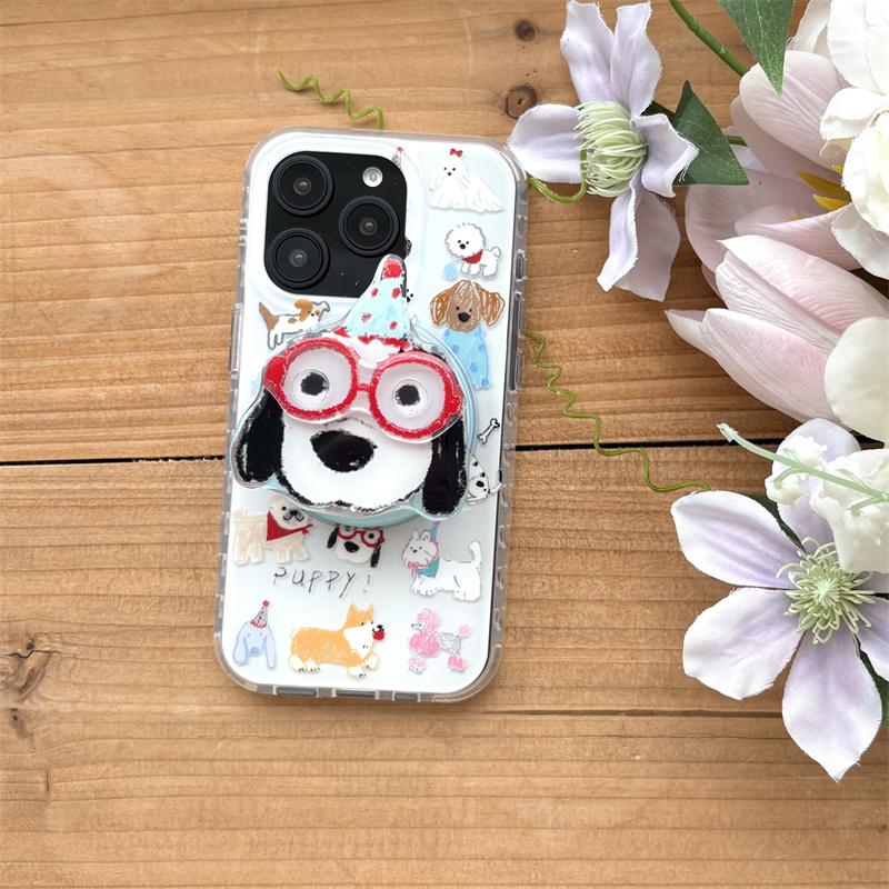 Korean Cute Cartoon Dog Magnetic Stand Phone Case For iPhone 16 Pro 15 14 13 Pro Max Cover for Magsafe Shockproof Kawaii Cases