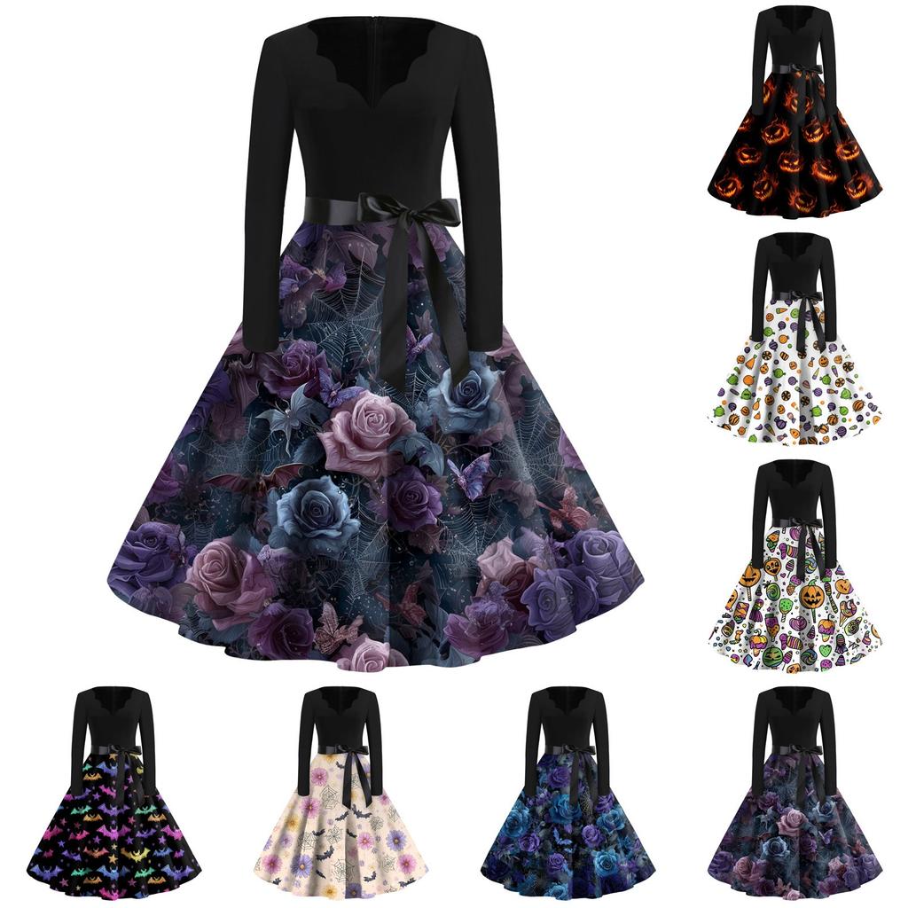 Women's Casual Fashion Halloween Printed V-Neck Vintage Dress