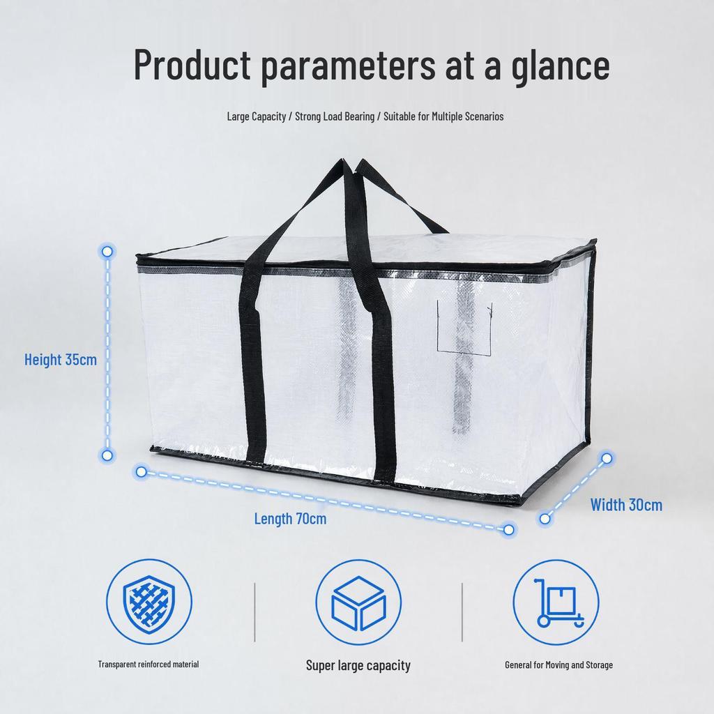 Large Capacity Transparent Moving Bag with Zipper and Reinforced Handles