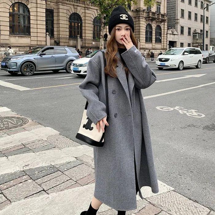 Women's Mid-Length Wool Blend Coat - Autumn/Winter, Over-the-Knee, Cotton-Padded, Double-Breasted, Loose Fit, Straight Cut, Thick Windbreaker.