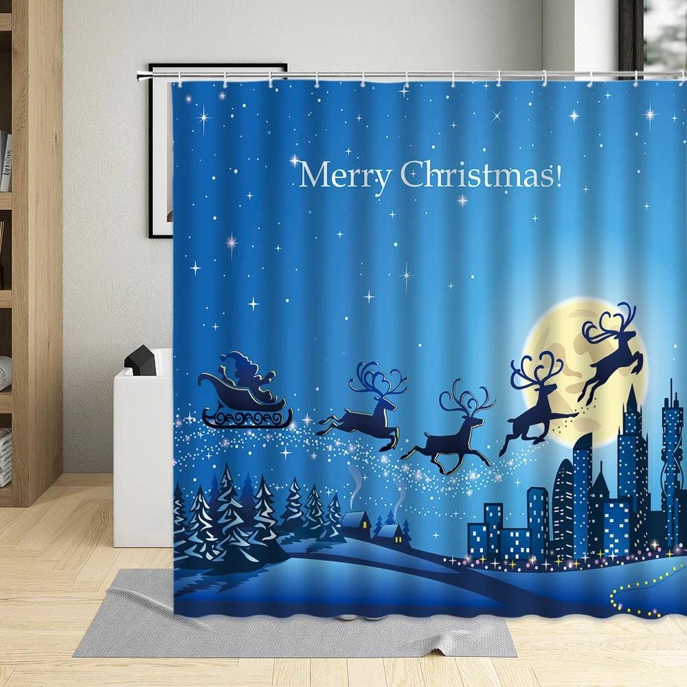 

Merry Christmas Shower Curtain Xmas Tree Socks Elk Wooden House Snowman Winter Festival Decor Wall Cloth Bathroom Curtains Sets W60H190(CM)-1 Pcs