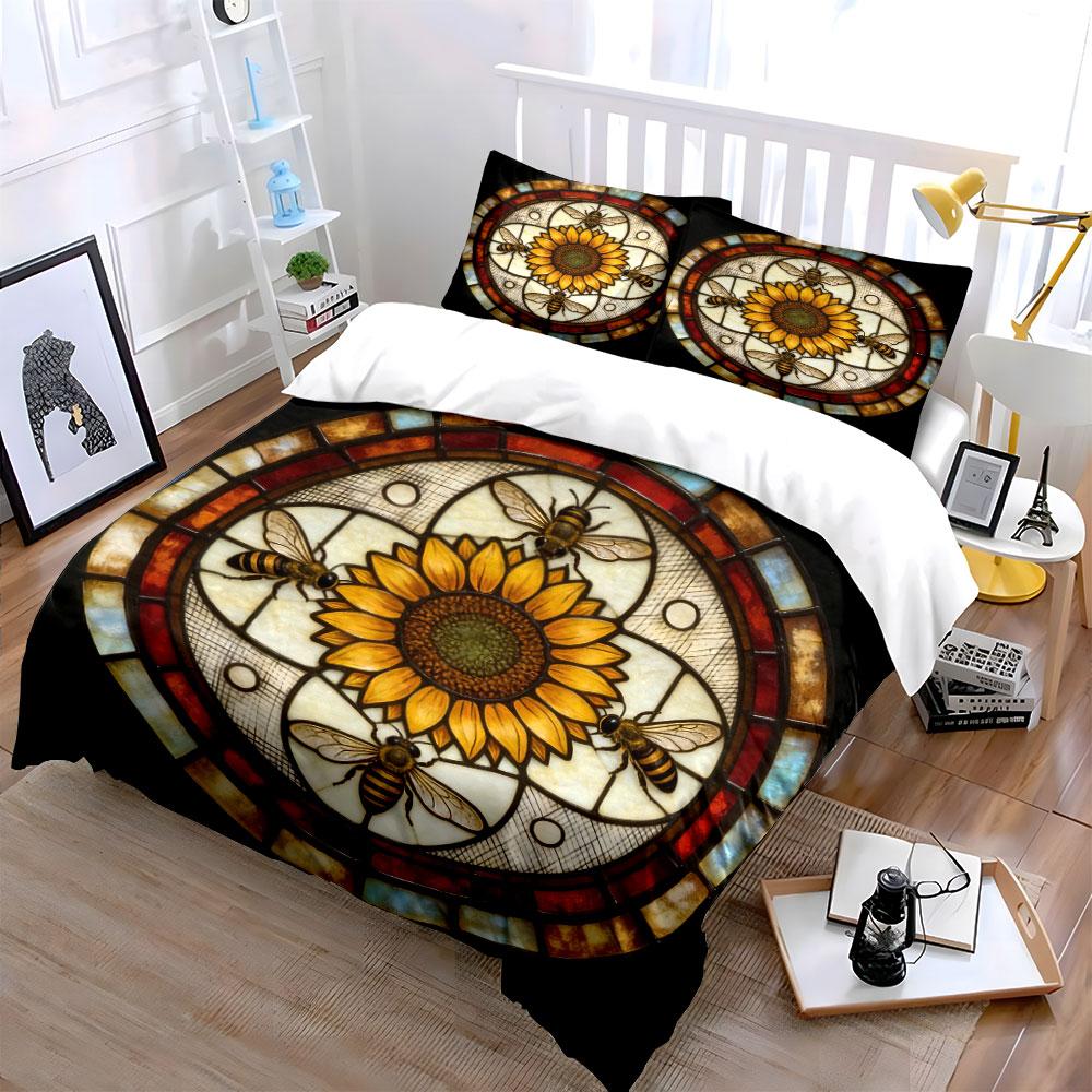 Sunflower Bee Design Decor Set Soft Comfortable Duvet Cover Bedding Set Included 1*Duvet Cover & 2*Pillowcases, Gift