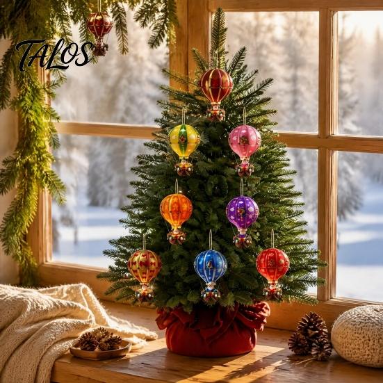 Christmas Tree Decor for Parties 12Pcs Hot Air Balloon Wooden Ornaments, 2D Flat Santa Hanging Pendant, Seasonal Windows Colorful Rainbow Wood Slices