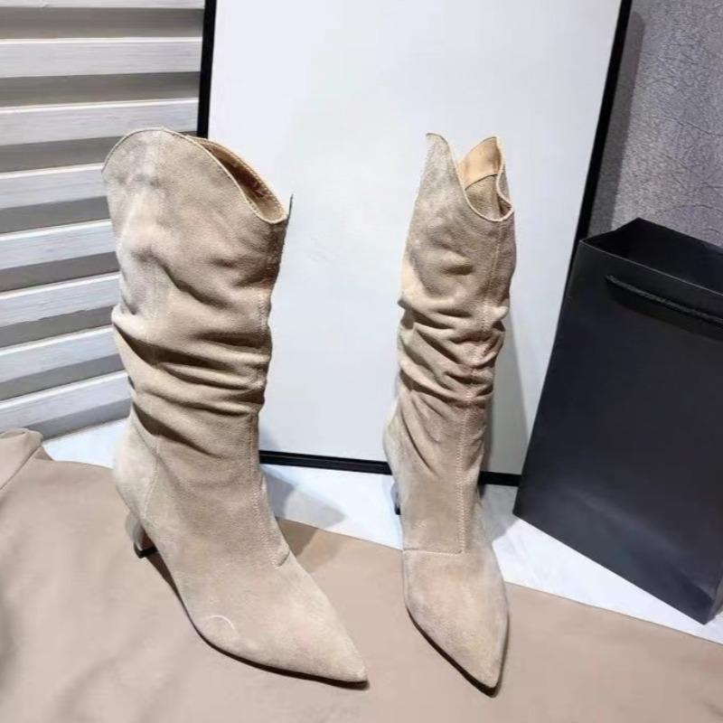 

Мода Мода Коровья замша Плиссированные Одинарные ботинки Осень Новые Острый носок Рукав Нескользящие Износостойкие Ботильоны на наборном каблуке 39