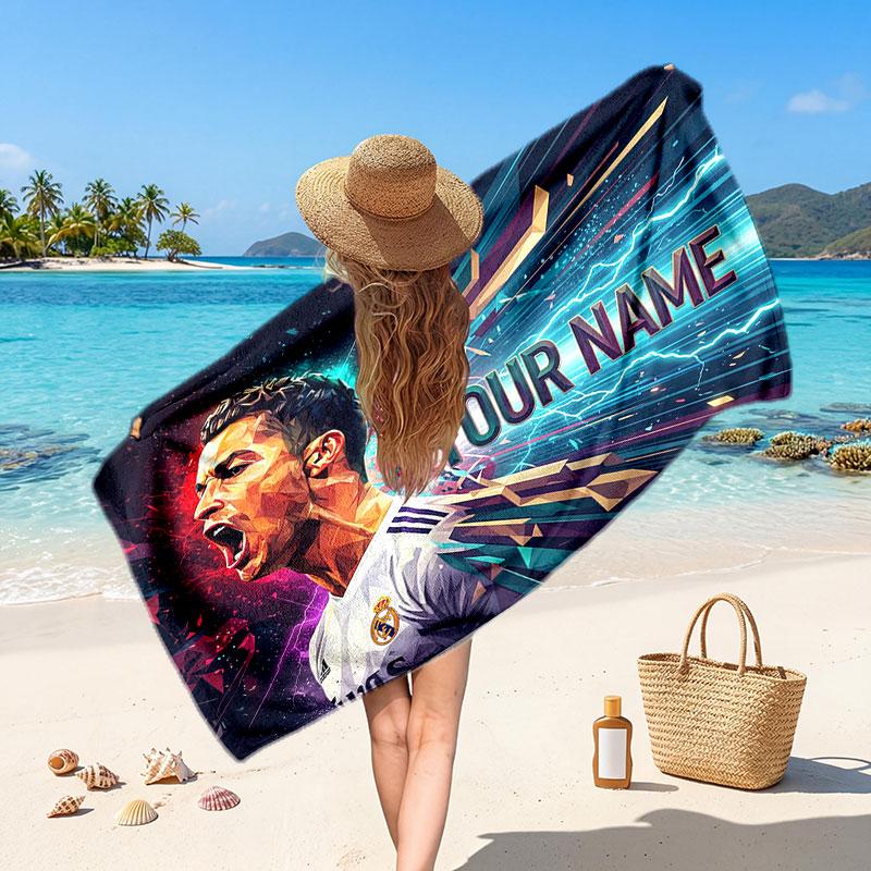 Cristiano Ronaldo Custom Beach Towel, Personalized Name Text Print, Football Logo Soft Quick‑Dry Towel Holiday Gift
