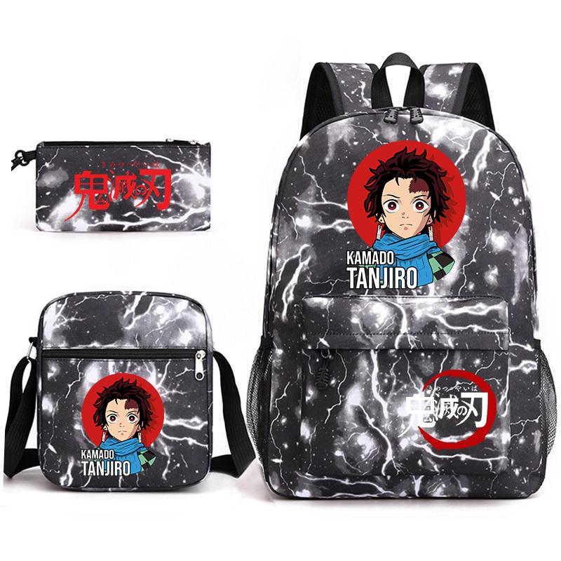 Demon Slayer Anime Print School Backpack Set 3Pcs Include Backpack Shoulder Bag Pencil Case for Boys Girls Students