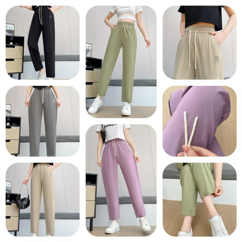 Damen High Waist Gerade Knöchellange Hose Locker Kordelzug Schnelltrocknende Hose Koreanisch Lässig Hohe Elastizität Neun-Punkt Sommerhose