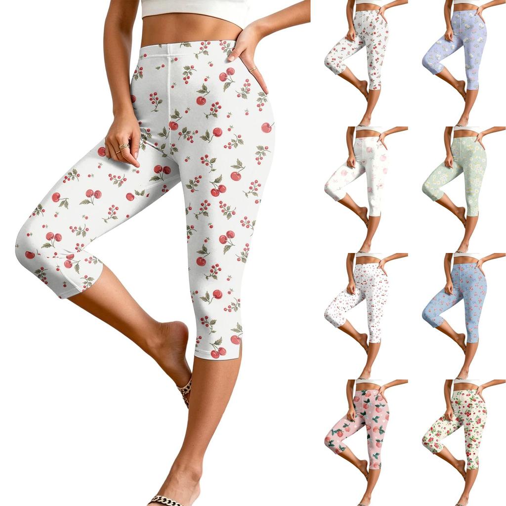Women’s Elastic Waist Casual Slim Fit Split Hem Capri Pants with All Over Print Lightweight Stretch Fabric Design