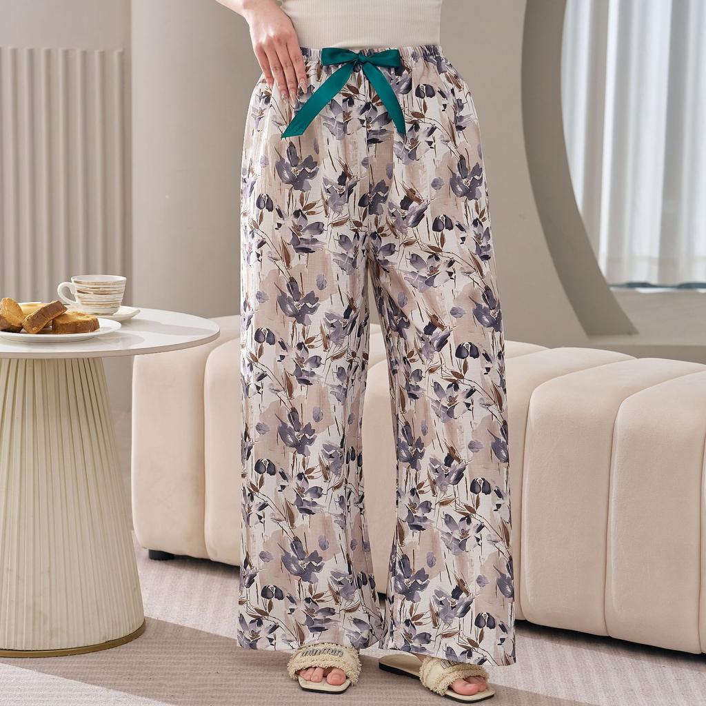 Cotton Silk Family Spring and Autumn Women's Cotton Silk Pajama Pants Wide-leg Pants Thin Artificial Cotton Can Be Worn Outside Casual Home Pants