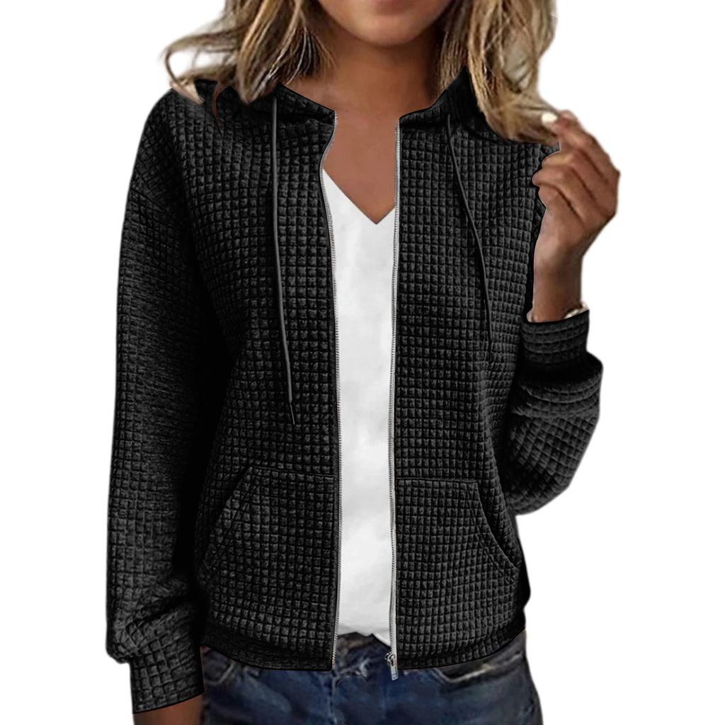 Women's Solid Color Zipper Hooded Cardigan Long Sleeved Sweatshirt Jacket