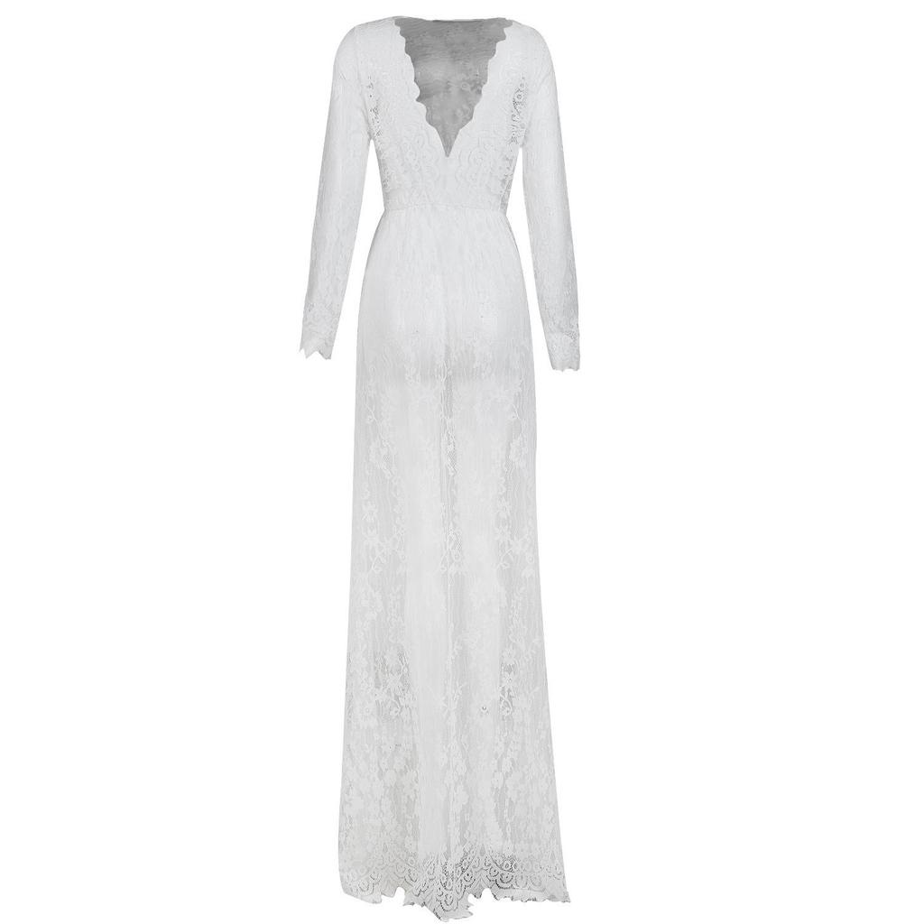 Women's V Neck Long Sleeve Maxi Dress Straight Fit Mid Rise Sheer Lace Sexy Night Gown