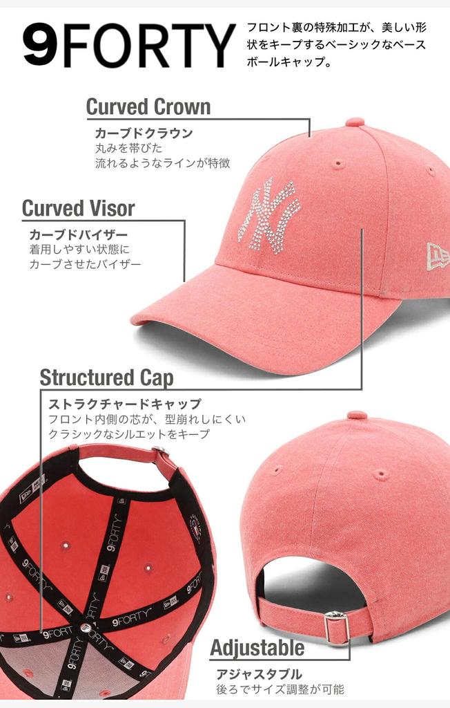 New Era 9FORTY Cloth Strap Cap MLB New York Yankees Rhinestone Acid Wash Pink FREE Size Adjustable Baseball Cap Unisex