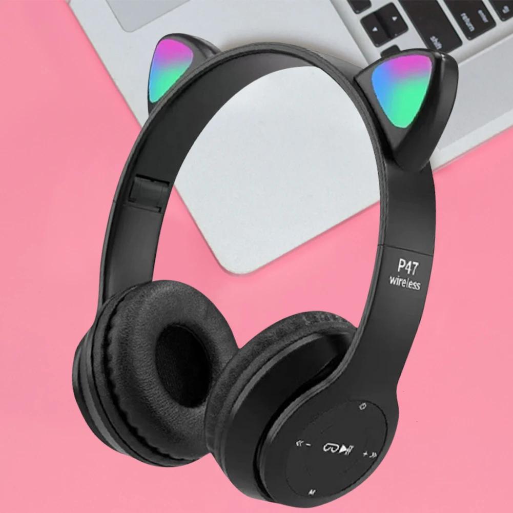 Flashing LED Cute Cat Ears Headphones Bluetooth Wireless Headset with Mic P47M Kid Girl Stereo Music Earbud Sports Headphones