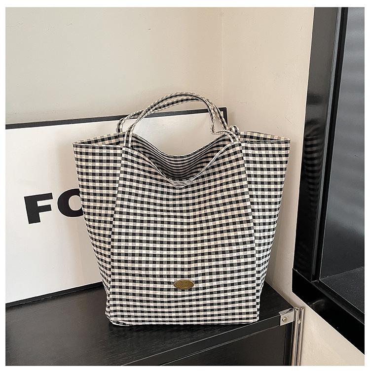 

Черно-белая клетчатая холщовая сумка, большая вместимость, сумка-тоут, женская сумка для покупок в стиле «ленивый ветер», легкая наплечная сумка, большая сумка