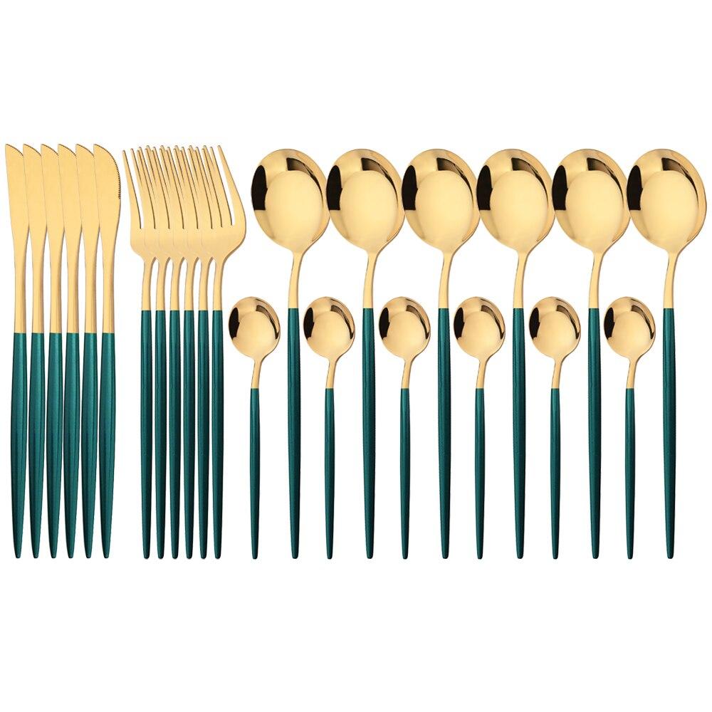 24Pcs Mint Gold Dinnerware Set Knife Fork Coffee Spoon Cutlery Western Stainless Steel Tableware Flatware Kiechen Silverware
