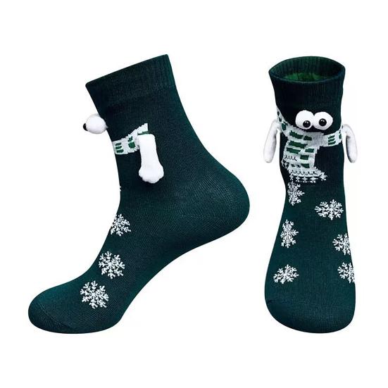 1 Pair Christmas Couple Socks Magnetic Hands Cartoon Deer Snowman Design Long Socks Soft Breathable Xmas Socks