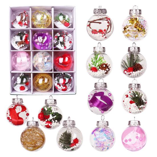 12 Pcs Clear Christmas Ball Ornaments 2.36" Shatterproof Plastic Hanging Xmas Tree Baubles Set with Stuffed Decorations for Holiday Party Home Decor