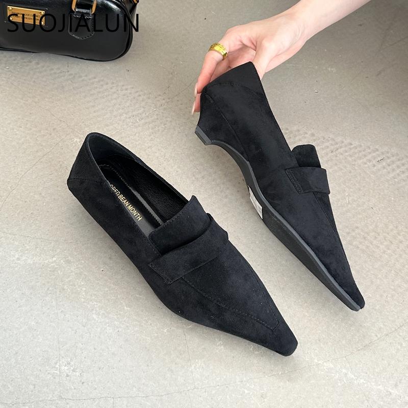 Mode SUOJIALUN 2024 Neue Marke Damen Bootsschuhe Spitze Zehenpartie Slipper Damen Elegant Einzelne Schuhe Quadratischer Niedriger Absatz Kleid Pumps Schuhe