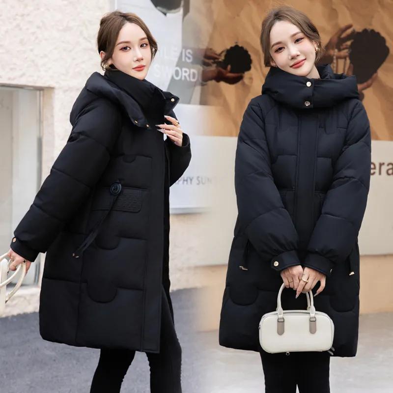 Women's Winter Mid-Length Thickened Warm Hooded Casual Solid-Color Jacket with Large Pockets