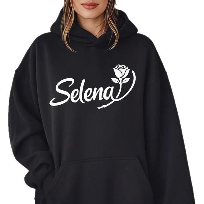 SELENA Letter Rose Hooded Sweatshirt - Loose Casual European & American Pullover