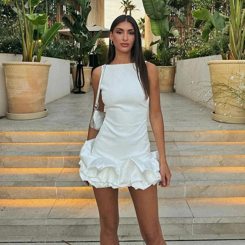 LYRIA Módní jednobarevné šaty s volánovým lemem bez rukávů přiléhavého střihu krátké dámské elegantní s kulatým výstřihem slim mini šaty sexy dámské párty vestidos