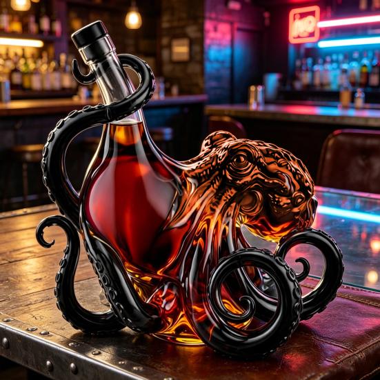 3D Octopus Whiskey Decanter, Nautical Art Collectible Whiskey Bottle, 350ml Glass Decorative Liquor Bottle, Home Bar Decanter for Spirits Whiskey
