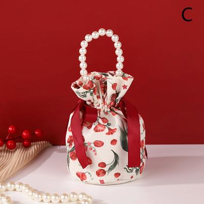 Floral Canvas Drawstring Bag Small Flower Pearl Chain Handle Jewelry Pouch Packaging Bag Wedding Candy Bag Bowknot Bag