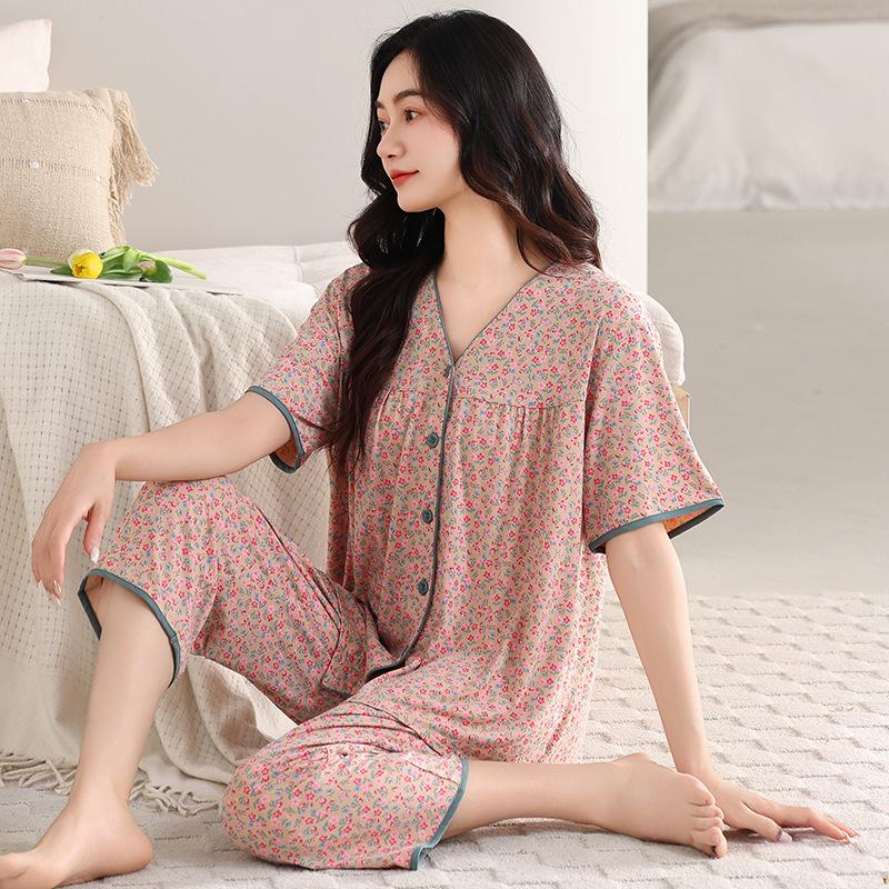 Pajamas women's summer Modal short-sleeved cropped pants thin summer new cotton silk can be worn outside plus size loungewear