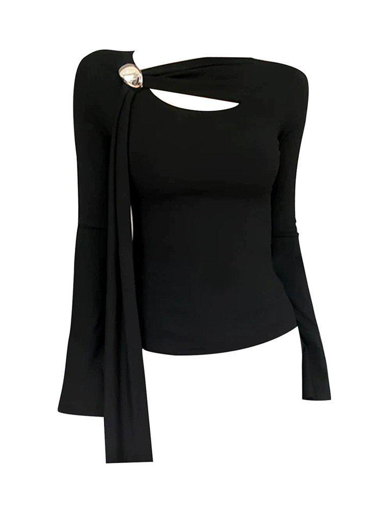 Design-forward Hollow Flared Sleeve Slim-Fit Long-Sleeved Women’s Top for Autumn/Winter Medium чёрный