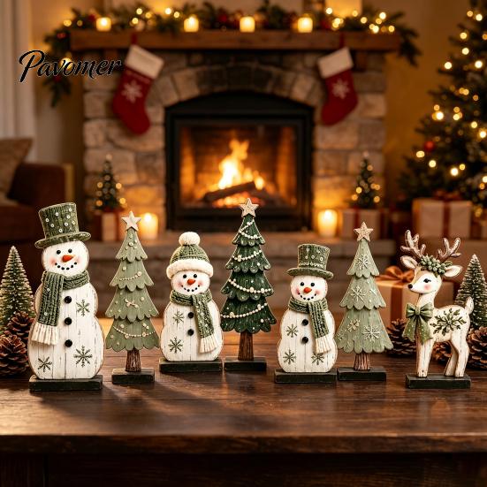 Handcrafted Holiday Gift Ideas 7Pcs Christmas Wooden Tabletop Ornaments, Snowman Tree Reindeer Tiered Tray Table Centerpieces Decor for Mantel, Rustic