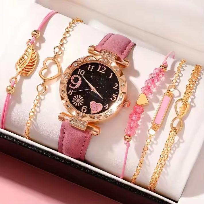 New Women'S Diamond Dial Belt Quartz Watch Beaded Bracelet 6-Piece Set Popular Women