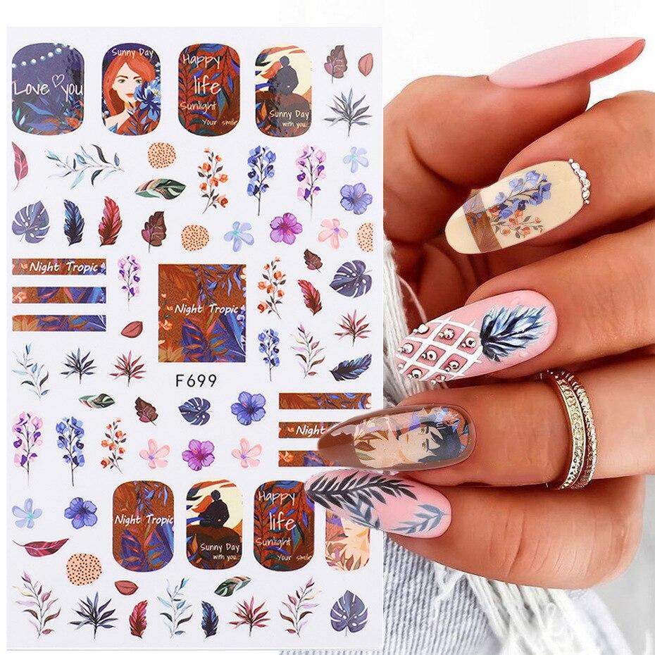 1pc 3D Nail Stickers Spring Summer Natural Flower Leaves Simulation Dried Flower Dragonfly Nail Applique Water Slides Decoration