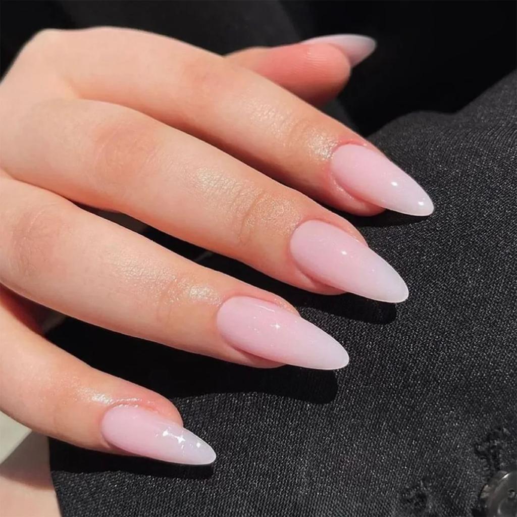 24Pcs Almond Long French Fake Nails Pointed Glossy White Edge Artificial Acrylic Press On Nails Removable Nail Art Tips