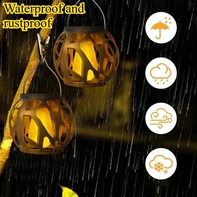 Solar Powered Openwork Pendant Light Realistic Flame Effect Outdoor Garden Patio Courtyard Pathway Landscape Decoration Lighting