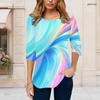 Women Plus Size Round Neck 3 4 Sleeve Colorful Swirl Printed T Shirt Curved Hem