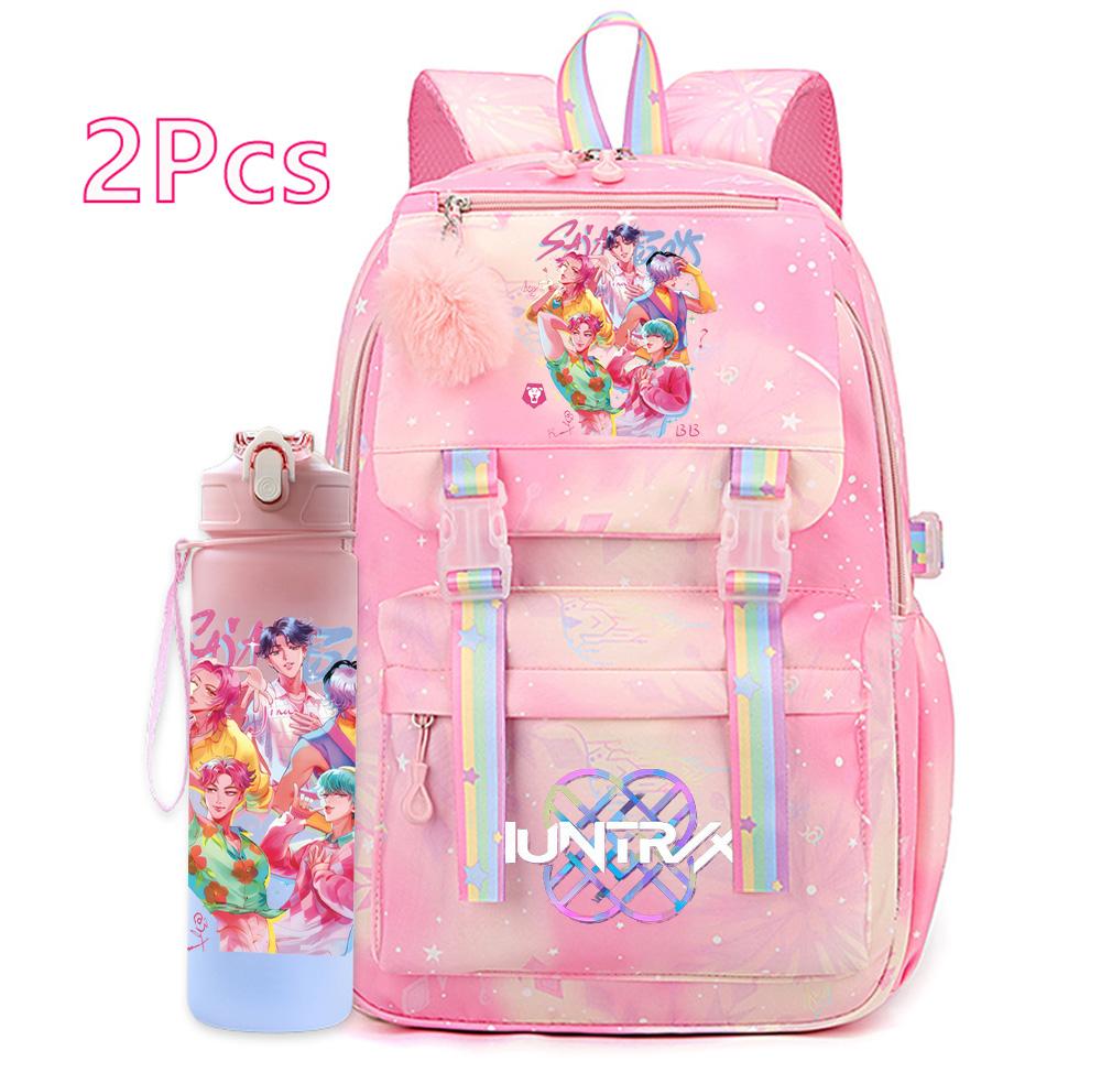 2Pcs/set Anime K-pop Printed Backpack with 750Ml Water Bottler Large Capacity Travel Bag for Teenager Girl Boy Bookbag Kid Gift Large Capacity Bag