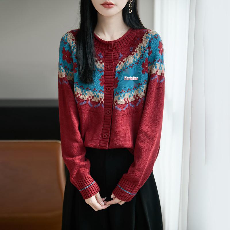 2026 Spring-Autumn Sticky Rice Velvet Knit Cardigan - Thick Rolled Edge, Round Neck, Jacquard Design for Women.